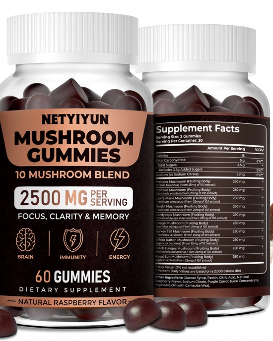 Mushroom Gummies with Lions Mane, 10 Blend Mushroom Complex 2500mg, Cordyceps, Shiitake, Turkey Tail, Reishi, Oyster Mushroom Supplement Nootropic Brain for Memory and Focus 60 Units Mushroom Gummies with Lions Mane, 10 Blend Mushroom Complex 2500mg, Cordyceps, Shiitake, Turkey Tail, Reishi, Oyster Mushroom Supplement Nootropic Brain for Memory and Focus 60 Units