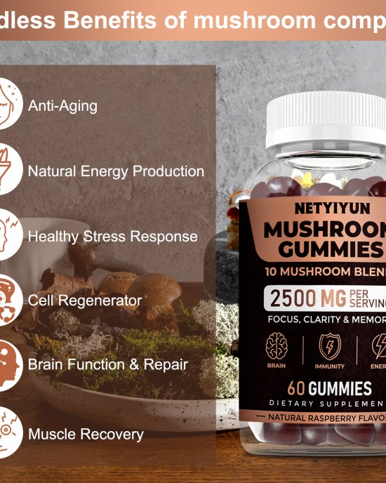 Mushroom Gummies with Lions Mane, 10 Blend Mushroom Complex 2500mg, Cordyceps, Shiitake, Turkey Tail, Reishi, Oyster Mushroom Supplement Nootropic Brain for Memory and Focus 60 Units Mushroom Gummies with Lions Mane, 10 Blend Mushroom Complex 2500mg, Cordyceps, Shiitake, Turkey Tail, Reishi, Oyster Mushroom Supplement Nootropic Brain for Memory and Focus 60 Units