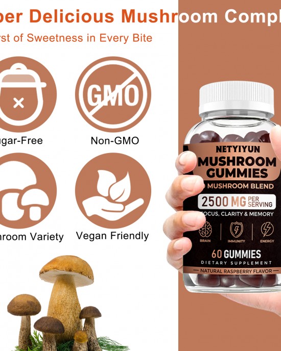 Mushroom Gummies with Lions Mane, 10 Blend Mushroom Complex 2500mg, Cordyceps, Shiitake, Turkey Tail, Reishi, Oyster Mushroom Supplement Nootropic Brain for Memory and Focus 60 Units Mushroom Gummies with Lions Mane, 10 Blend Mushroom Complex 2500mg, Cordyceps, Shiitake, Turkey Tail, Reishi, Oyster Mushroom Supplement Nootropic Brain for Memory and Focus 60 Units